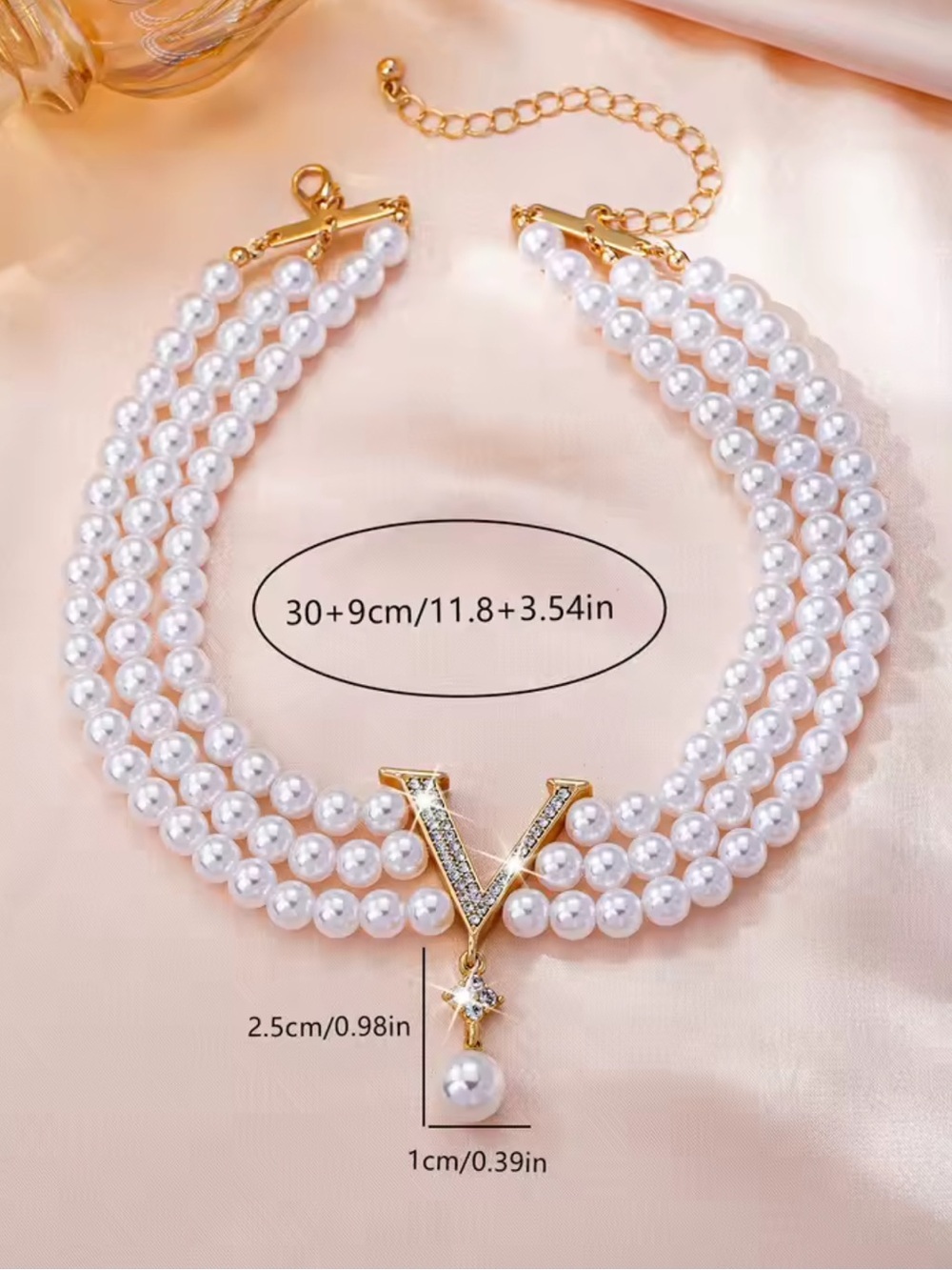 White Pearl Triple-Strand Choker with Gold V Pendant - Picture 3 of 8